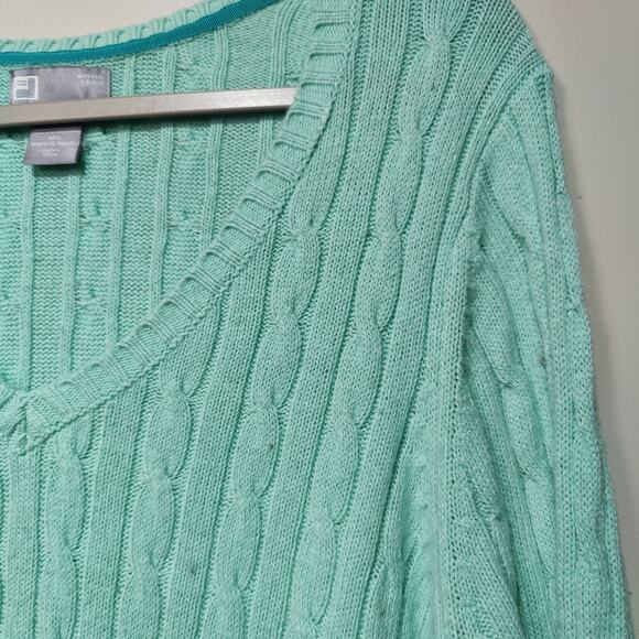 JCP Women's Plus Sz 2X Mint Green Cable Knit V Neck Sweater Merino Wool Blend - Picture 2 of 5